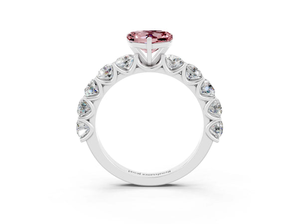 Platinum Heart Cut Morganite Prong Setting with Side Stones on a Pave Band