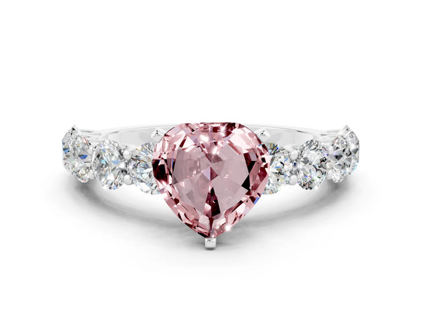 White gold Heart Cut Morganite Prong Setting with Side Stones on a Pave Band