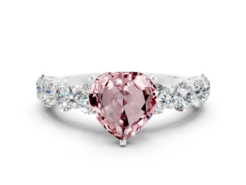 White gold Heart Cut Morganite Prong Setting with Side Stones on a Pave Band