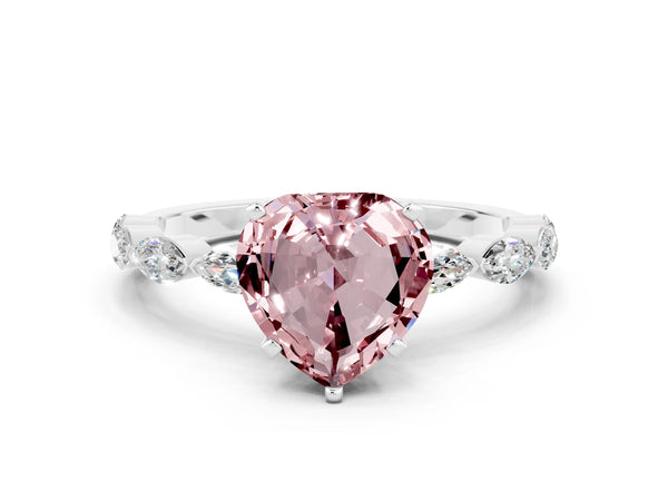 Platinum Heart Cut Morganite Ring with Marquise Side Stones and Prong Setting