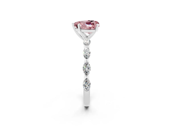 Silver Heart Cut Morganite Ring with Marquise Side Stones and Prong Setting