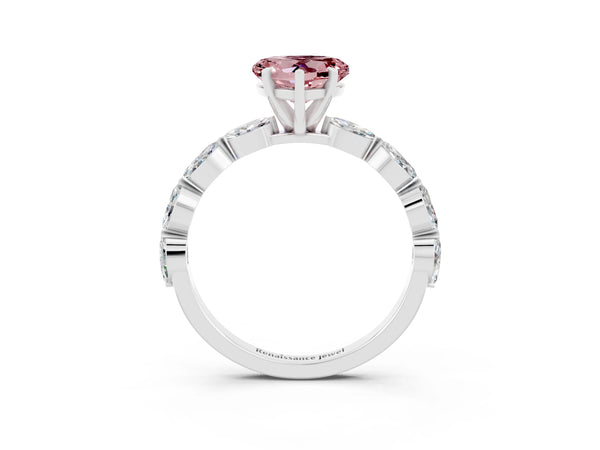 Platinum Heart Cut Morganite Ring with Marquise Side Stones and Prong Setting