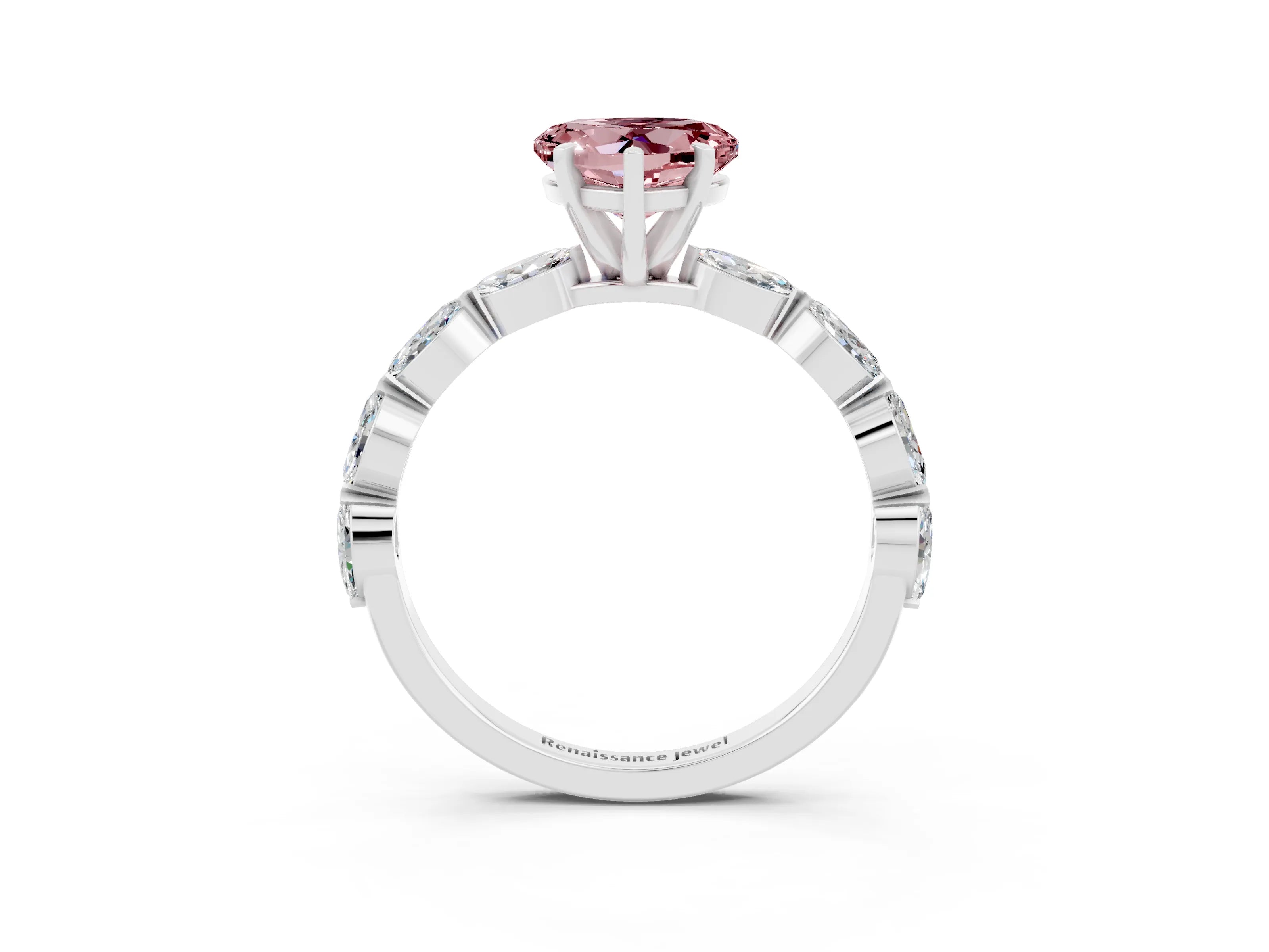 White gold Heart Cut Morganite Ring with Marquise Side Stones and Prong Setting_3