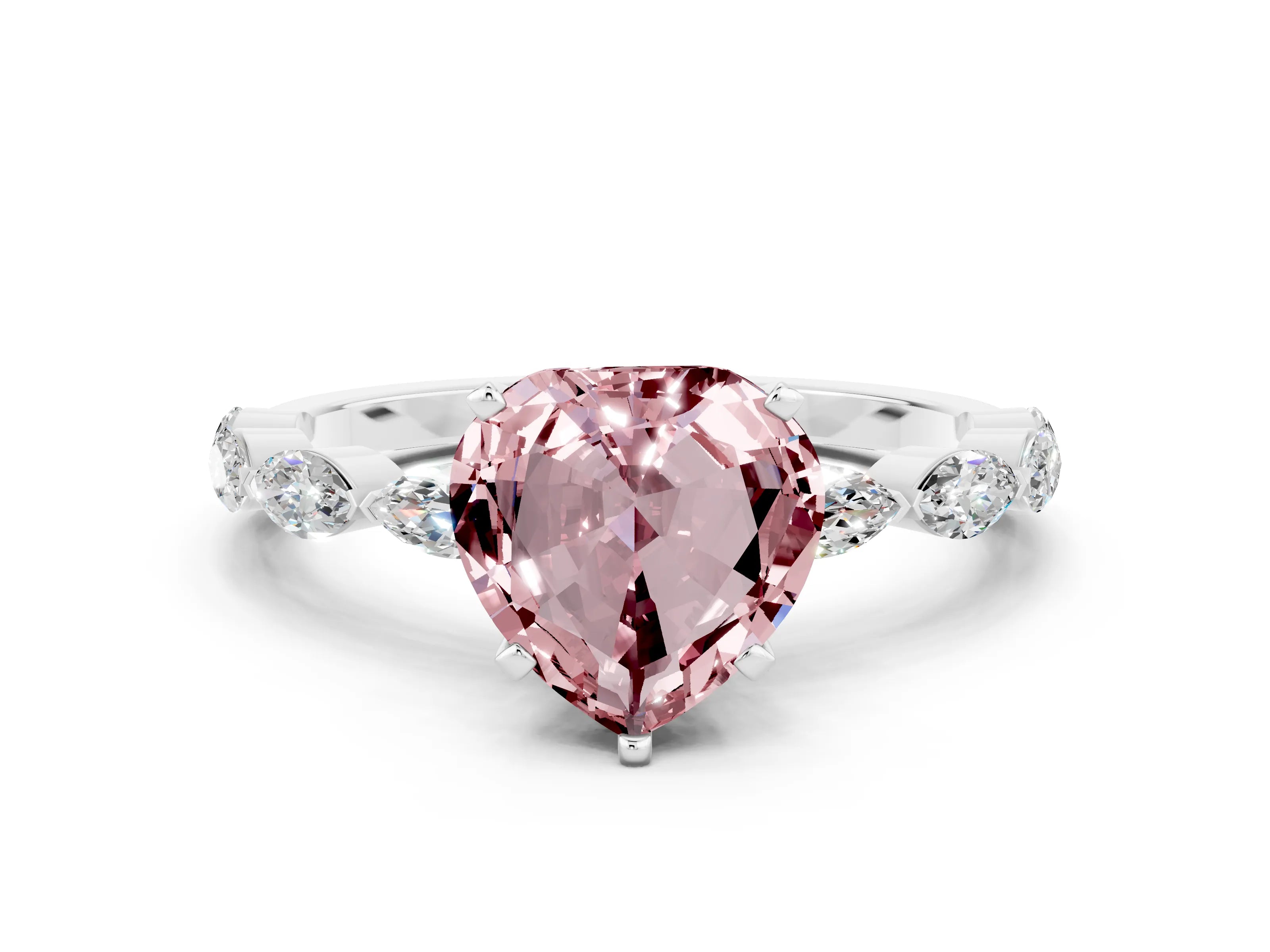 White gold Heart Cut Morganite Ring with Marquise Side Stones and Prong Setting