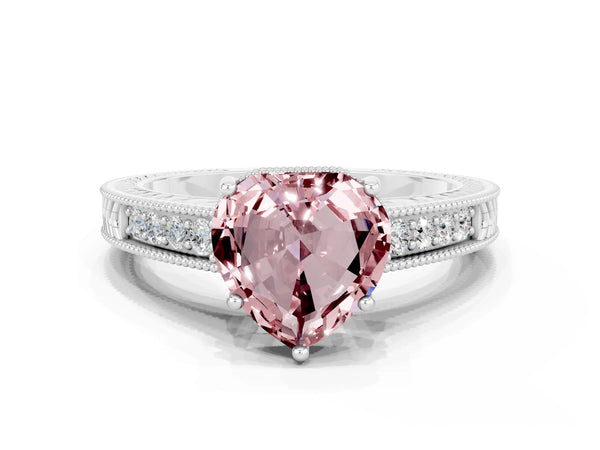 Platinum Heart Cut Morganite Ring with Milgrain Pavé Band and Four-Prong Setting