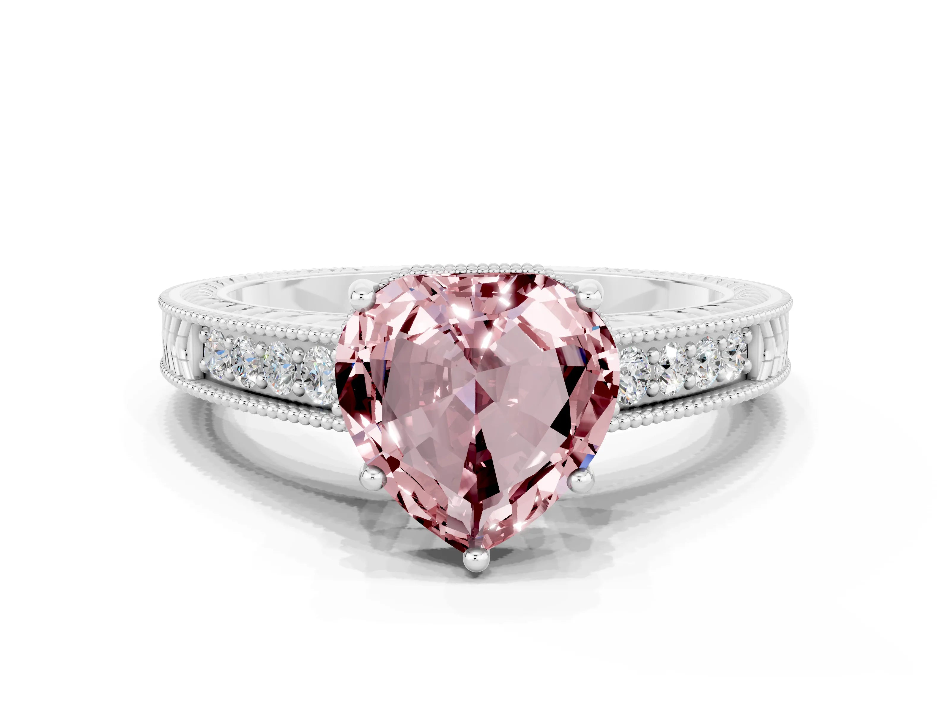White gold Heart Cut Morganite Ring with Milgrain Pavé Band and Four-Prong Setting_12