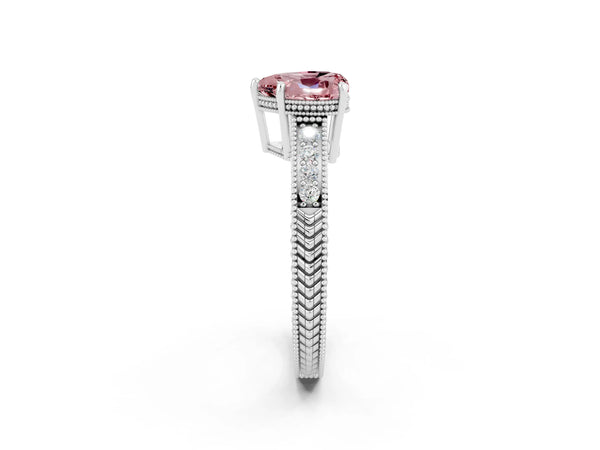 Silver Heart Cut Morganite Ring with Milgrain Pavé Band and Four-Prong Setting