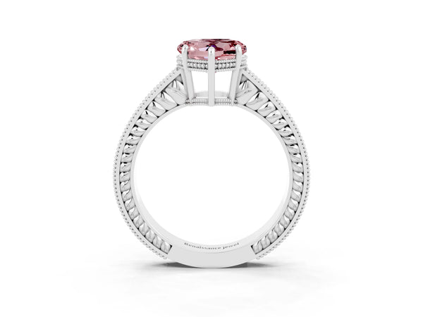 Silver Heart Cut Morganite Ring with Milgrain Pavé Band and Four-Prong Setting