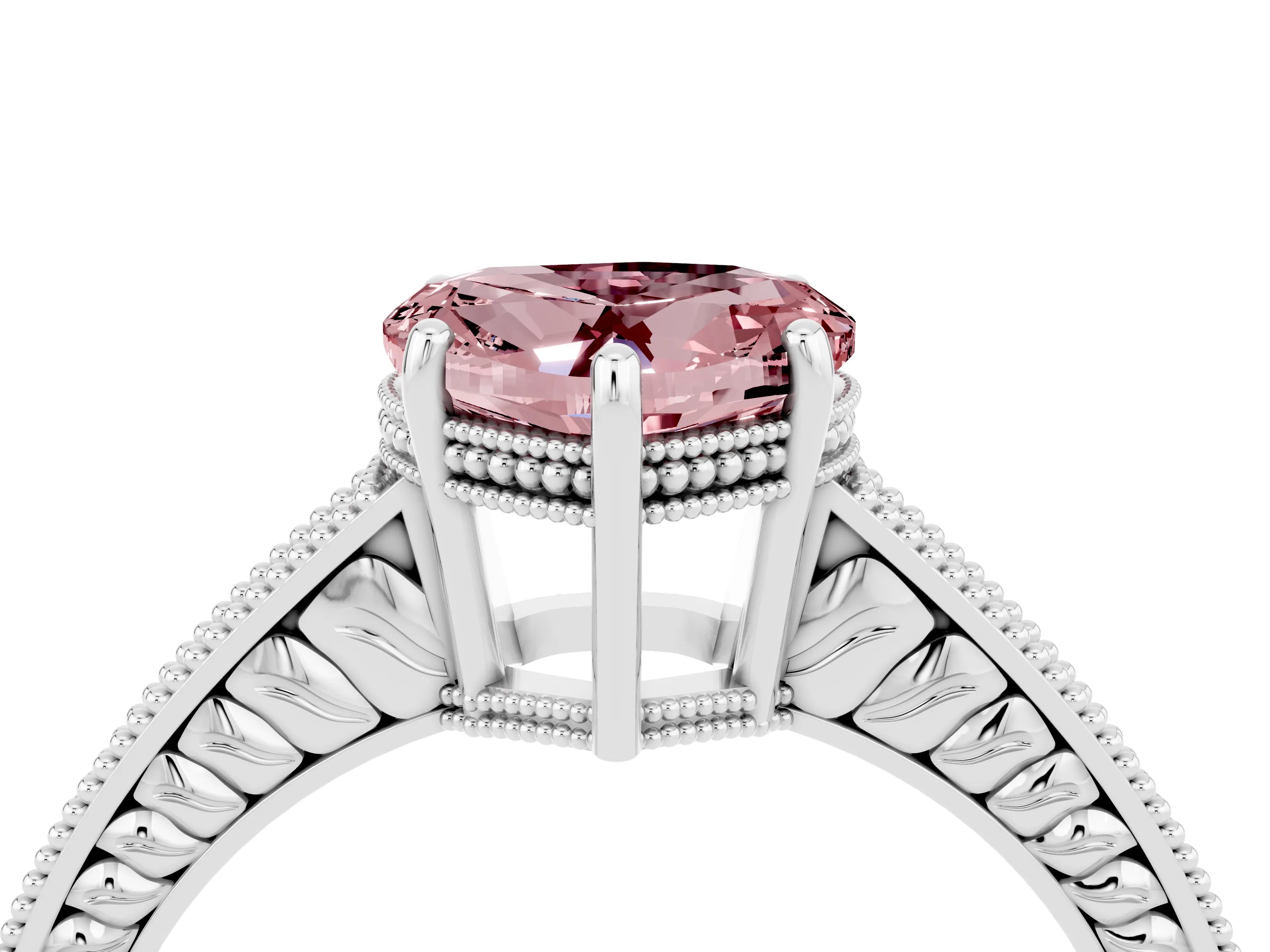 White gold Heart Cut Morganite Ring with Milgrain Pavé Band and Four-Prong Setting_16