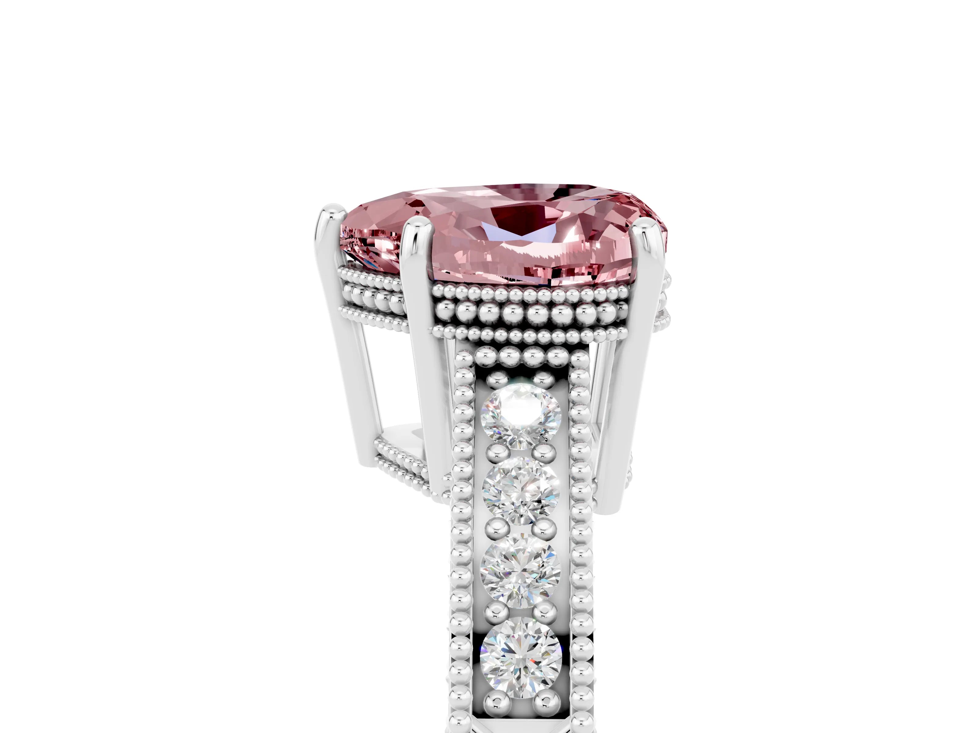 White gold Heart Cut Morganite Ring with Milgrain Pavé Band and Four-Prong Setting_17