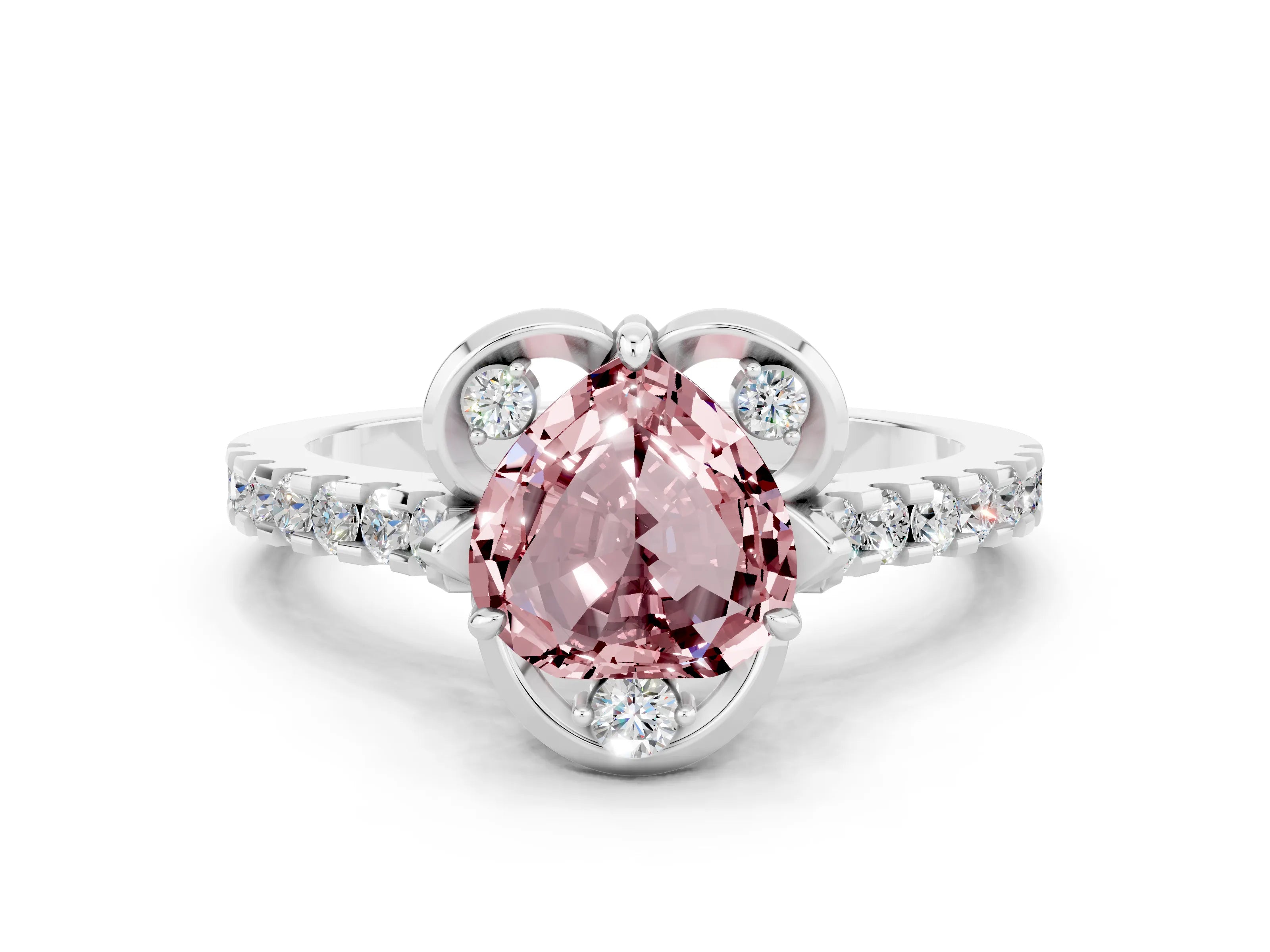 White gold Heart Cut Morganite Ring with Pavé Band and Floral Prong Setting