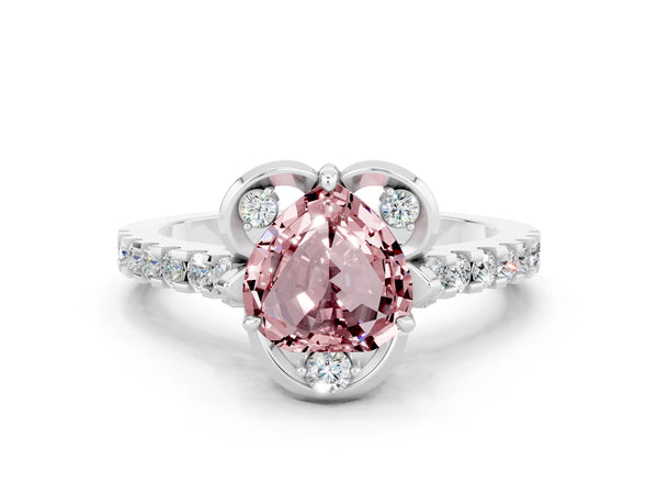 Platinum Heart Cut Morganite Ring with Pavé Band and Floral Prong Setting