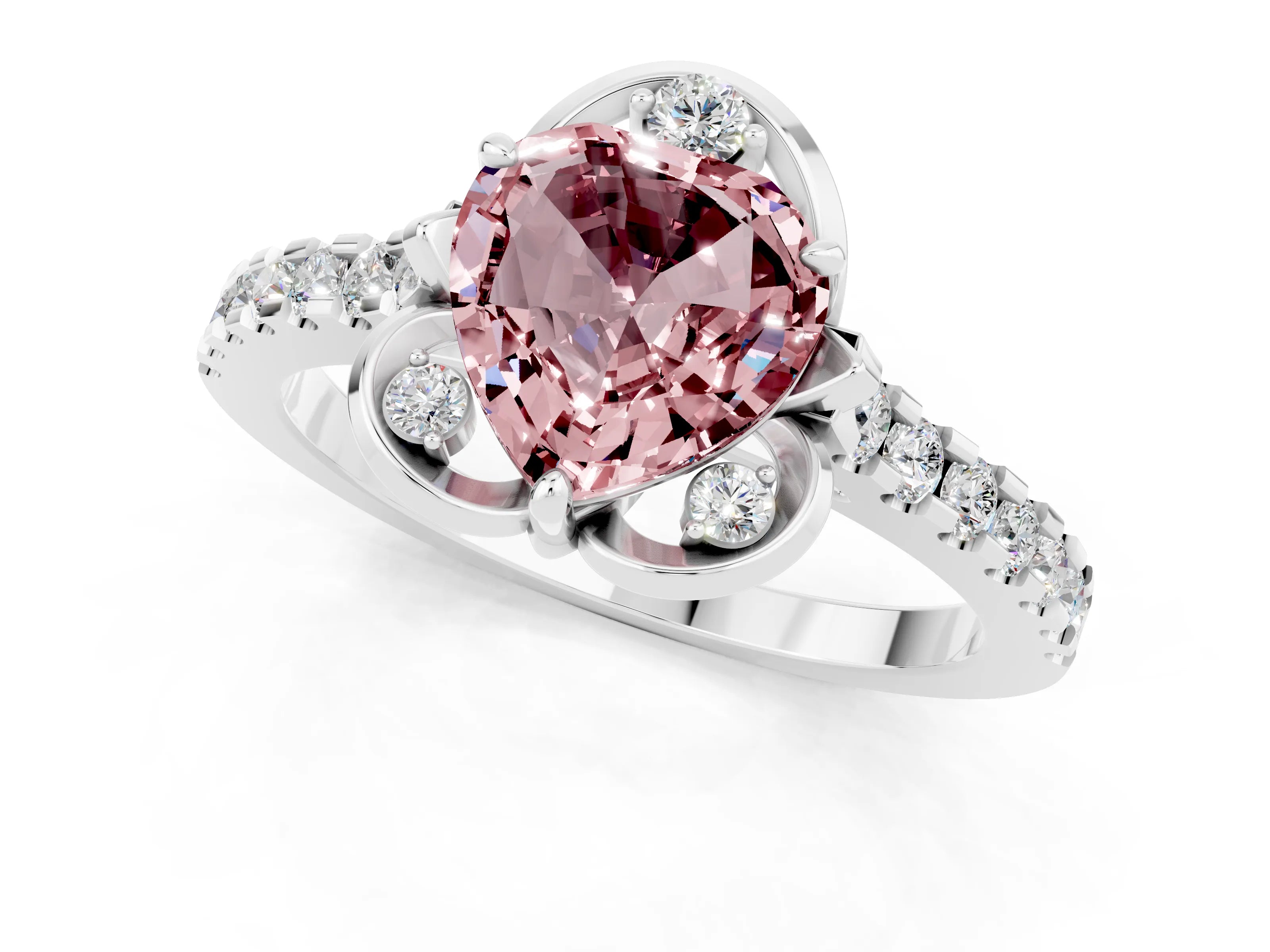 White gold Heart Cut Morganite Ring with Pavé Band and Floral Prong Setting_1
