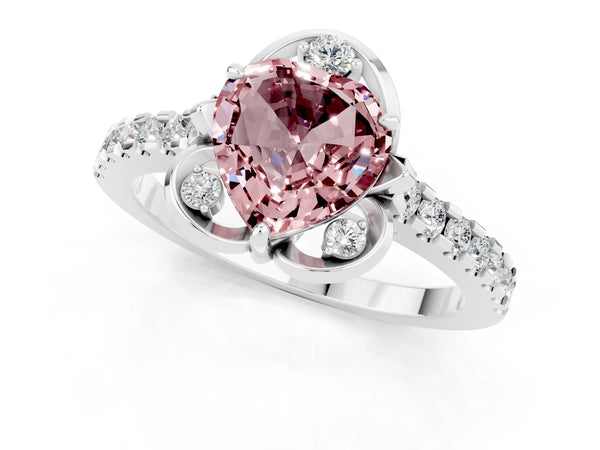 White gold Heart Cut Morganite Ring with Pavé Band and Floral Prong Setting