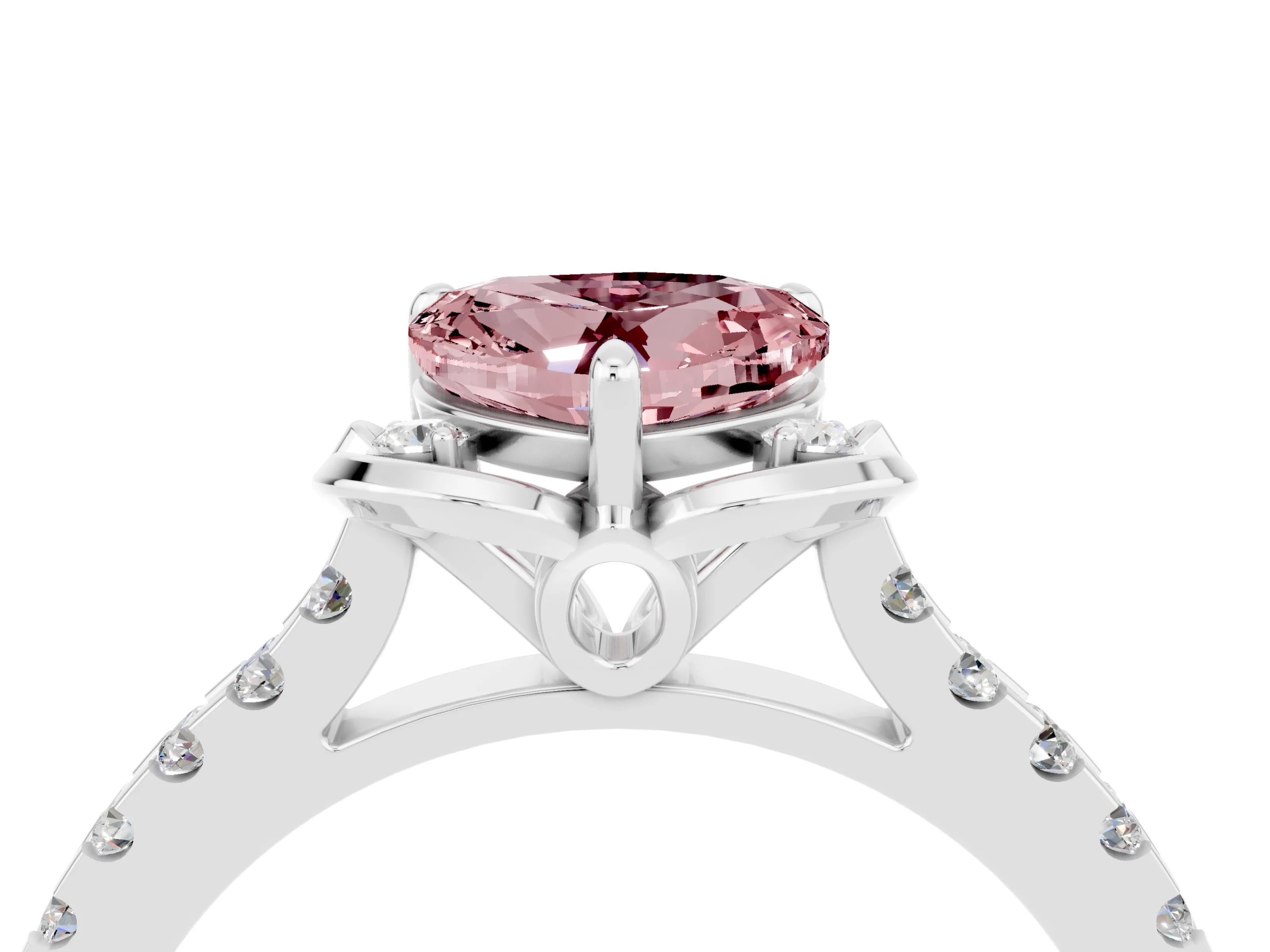 White gold Heart Cut Morganite Ring with Pavé Band and Floral Prong Setting_4