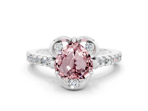 White gold Heart Cut Morganite Ring with Pavé Band and Floral Prong Setting