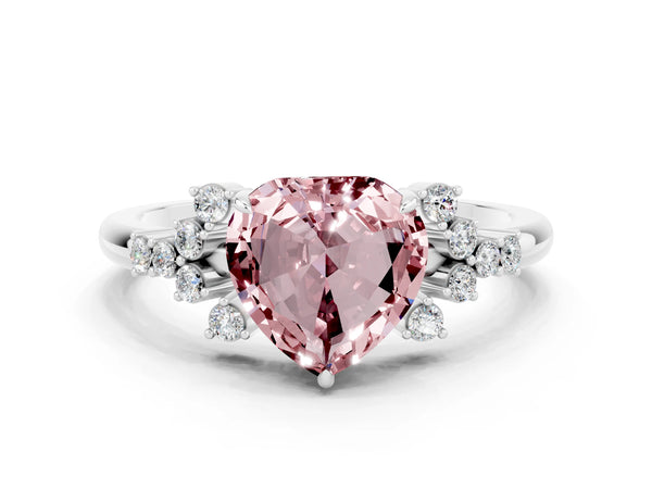 Platinum Heart Cut Morganite Ring with Side Stones and Four-Prong Setting