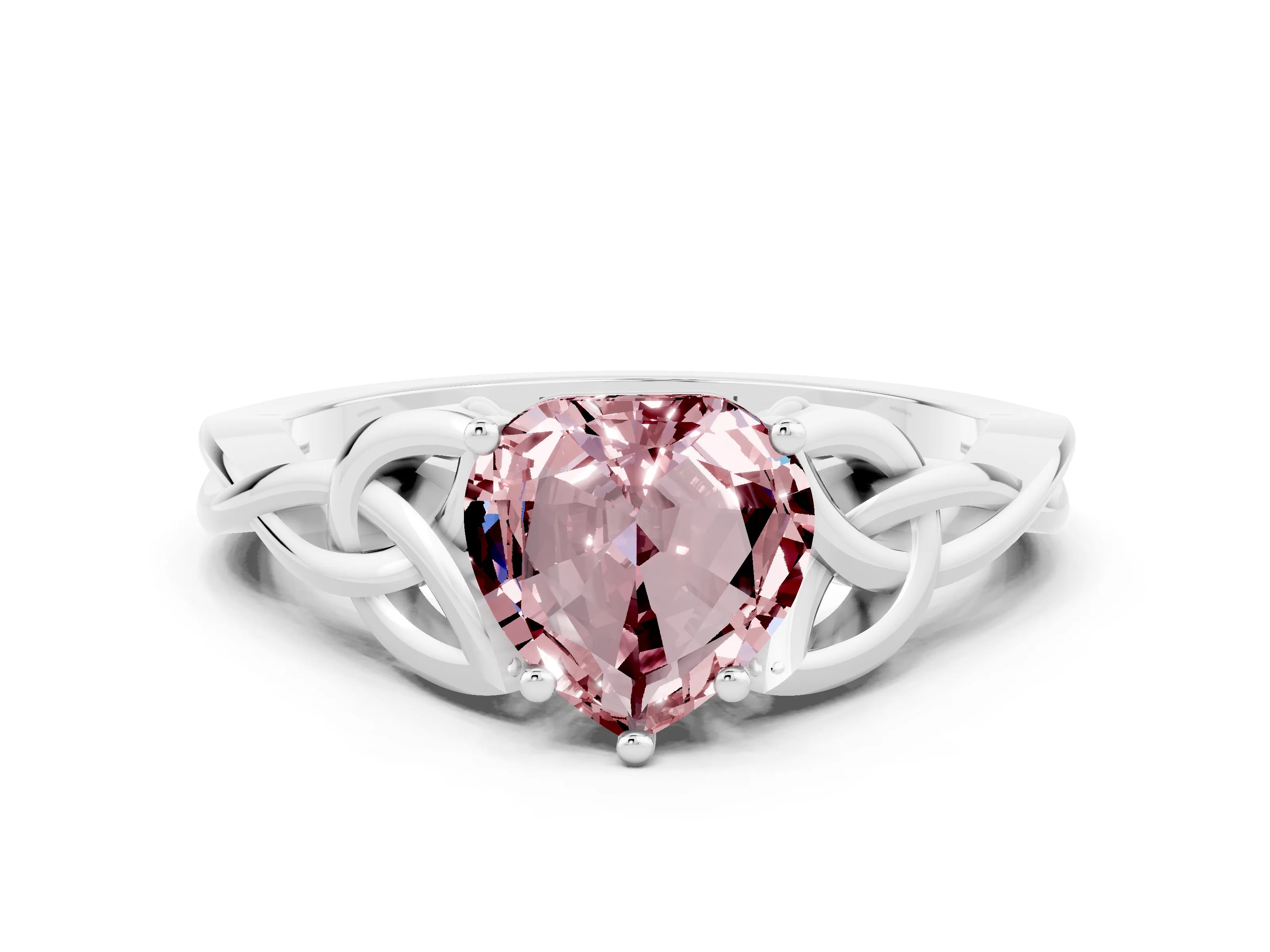 White gold Heart Cut Morganite Solitaire Engagement Ring with Celtic Knot Band and Four-Prong Setting