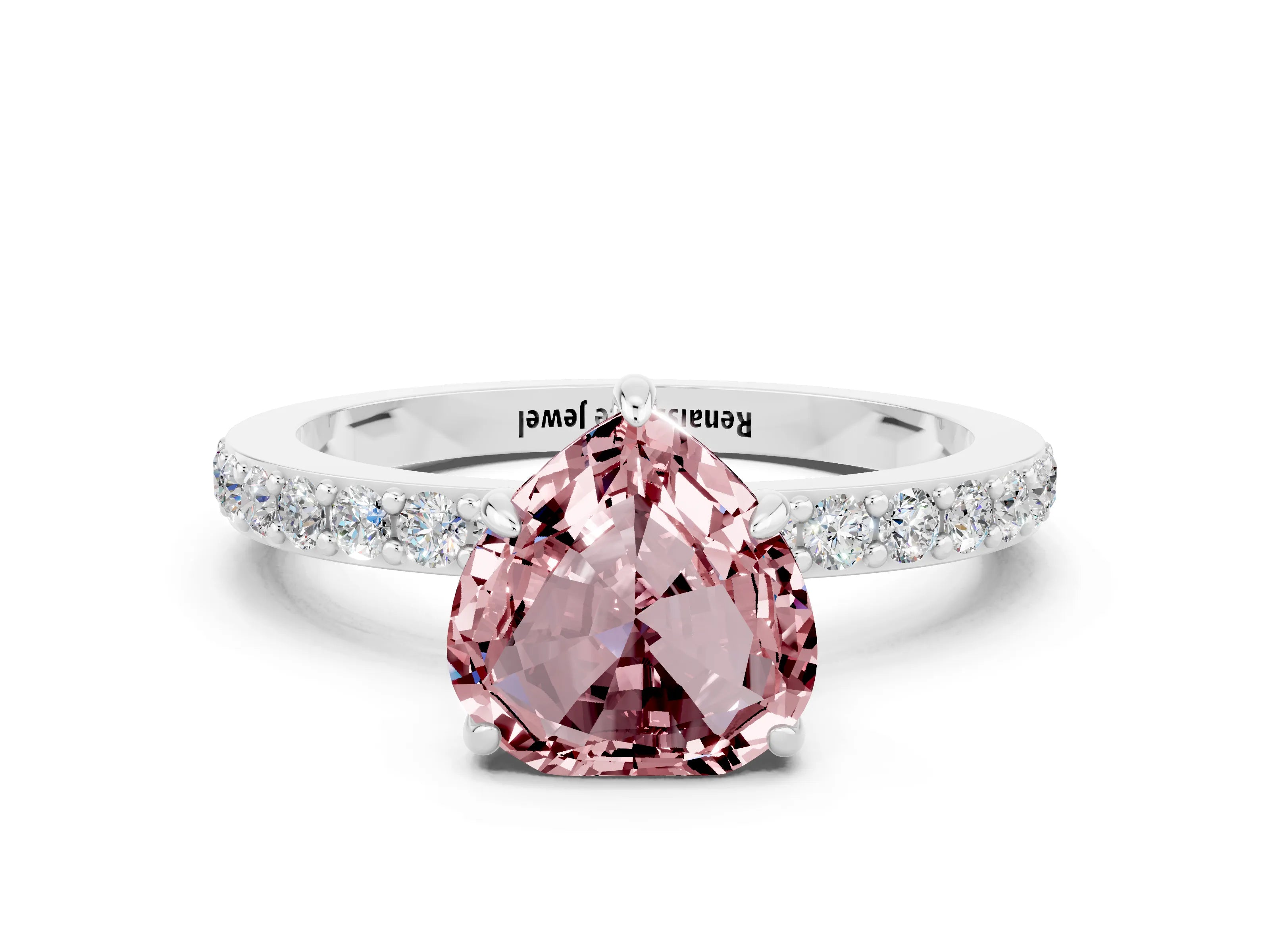 White gold Heart Cut Morganite Solitaire Engagement Ring with Pavé Band and Four-Prong Setting