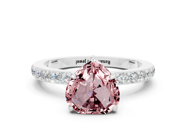 Platinum Heart Cut Morganite Solitaire Engagement Ring with Pavé Band and Four-Prong Setting