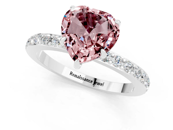 Platinum Heart Cut Morganite Solitaire Engagement Ring with Pavé Band and Four-Prong Setting