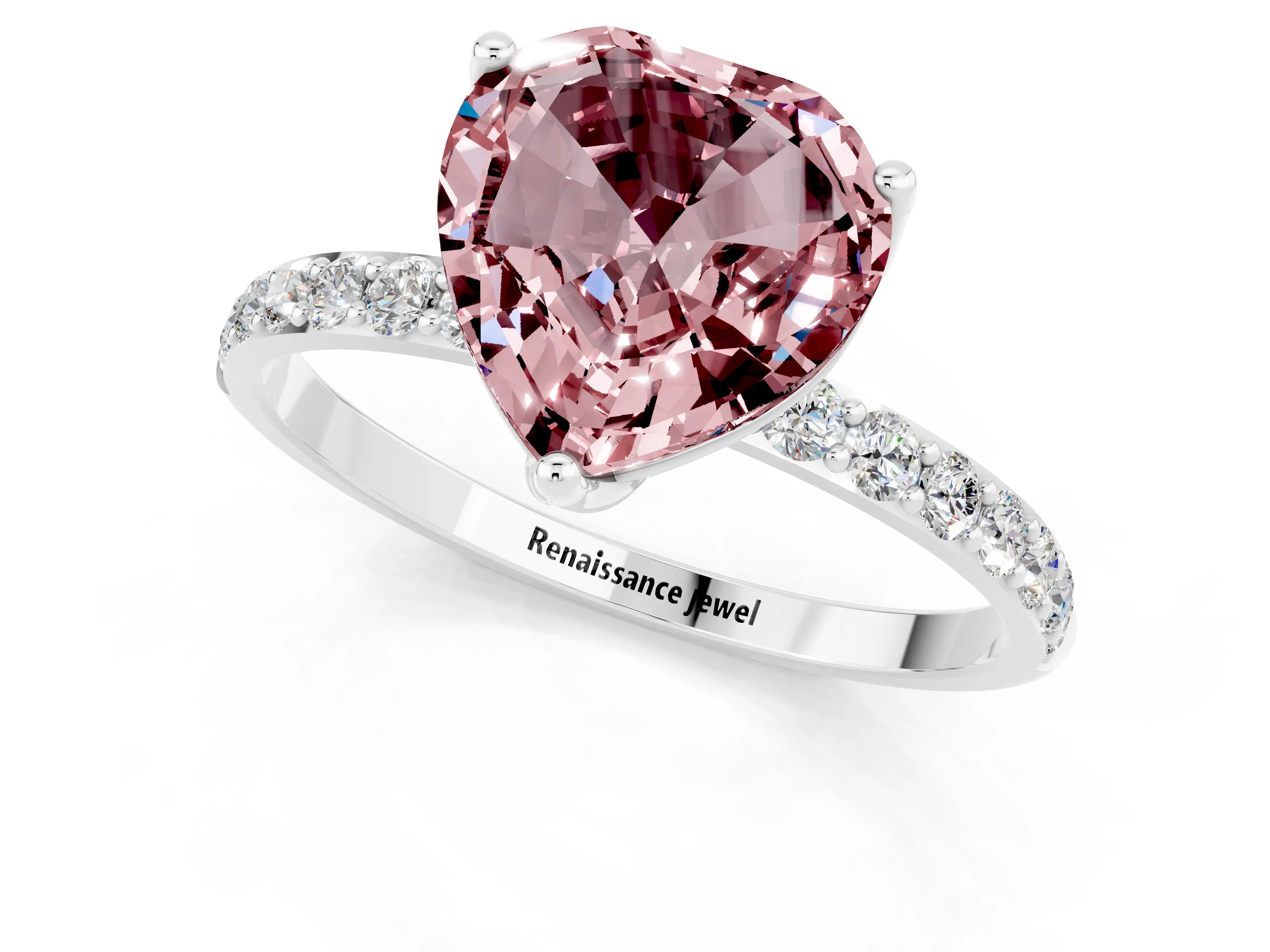 White gold Heart Cut Morganite Solitaire Engagement Ring with Pavé Band and Prong Setting_1