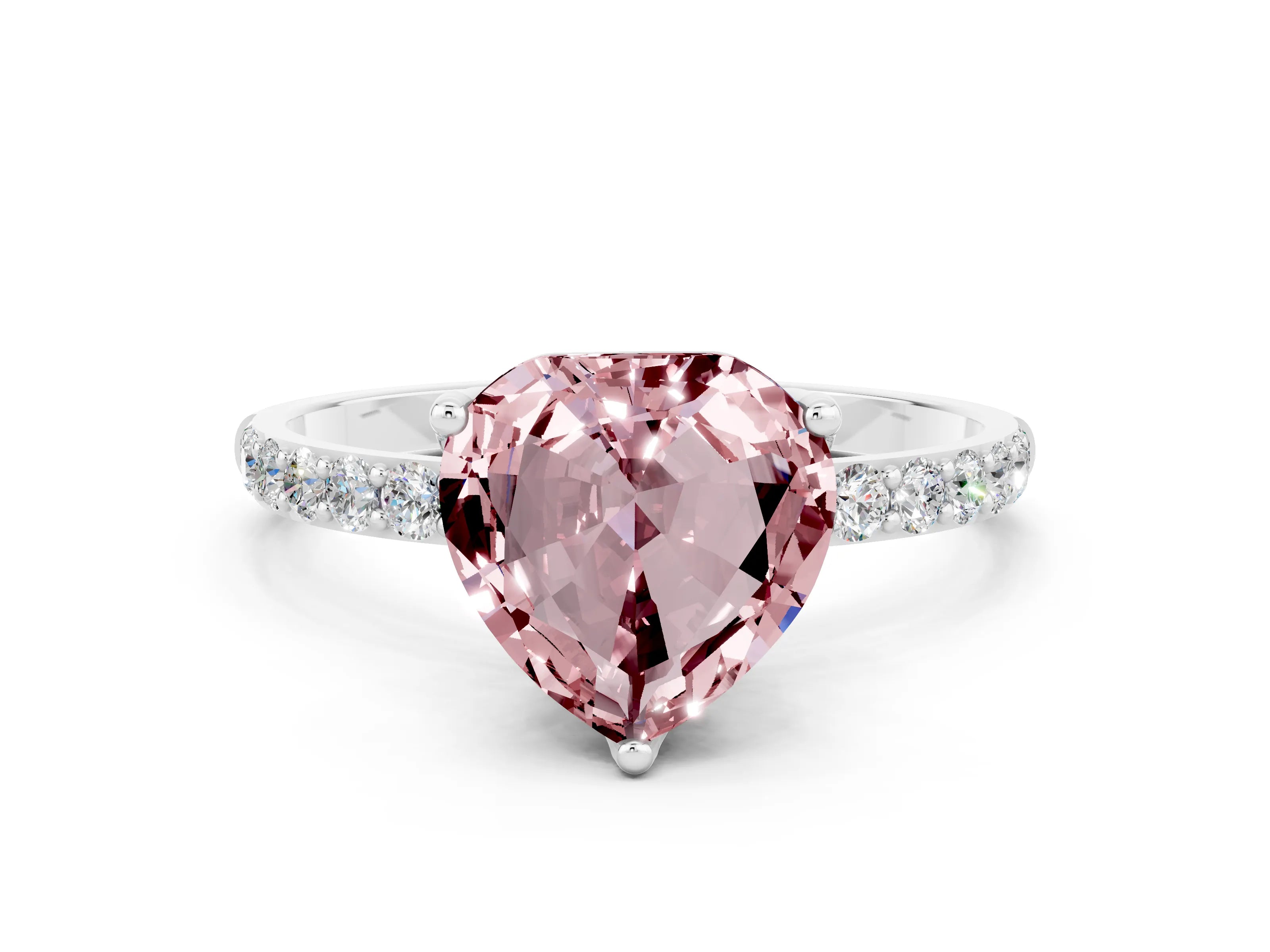 White gold Heart Cut Morganite Solitaire Engagement Ring with Pavé Band and Prong Setting