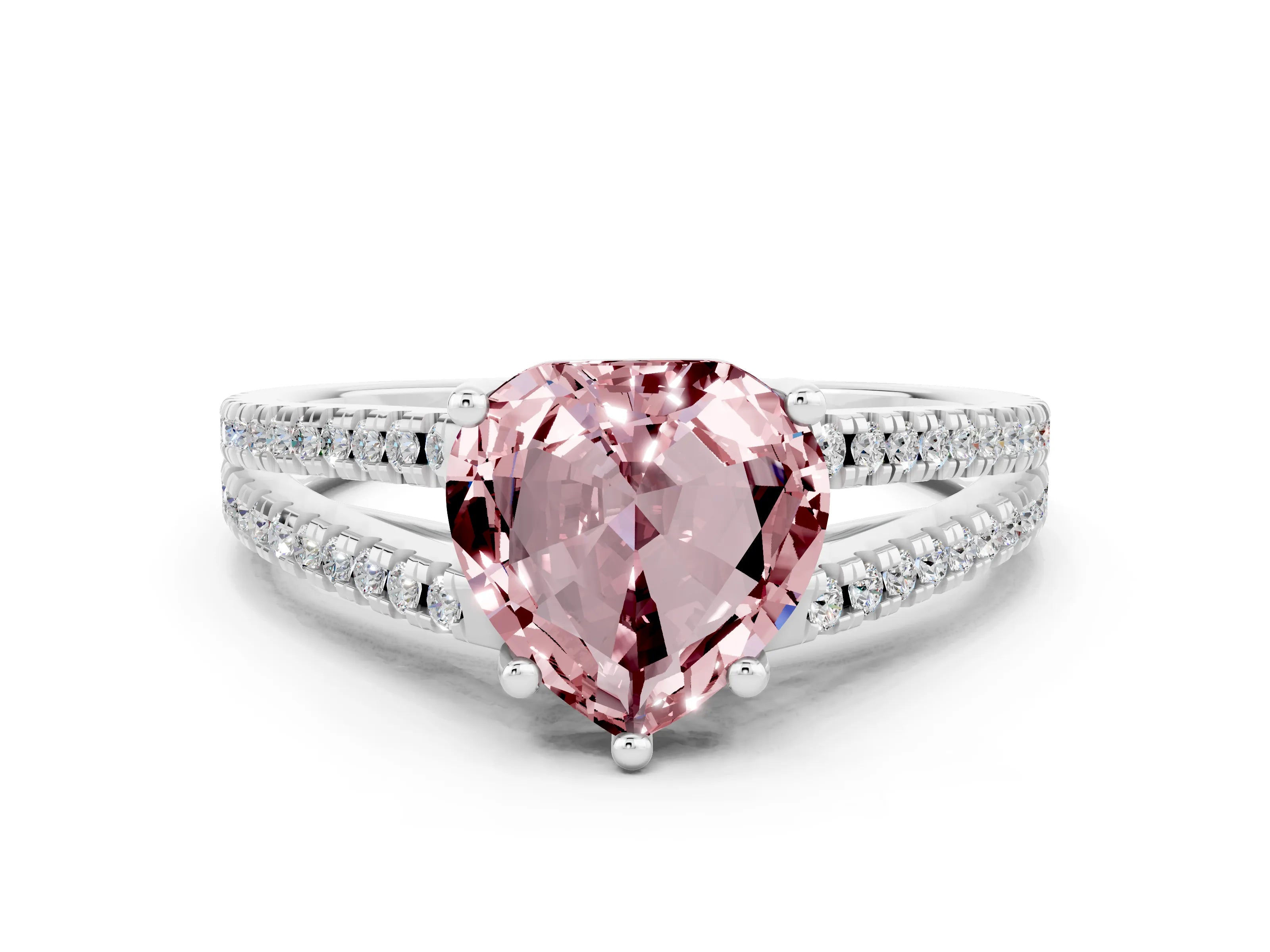 White gold Heart Cut Morganite Solitaire Engagement Ring with Split Shank Pavé Band