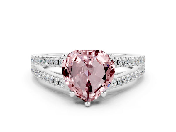 Platinum Heart Cut Morganite Solitaire Engagement Ring with Split Shank Pavé Band