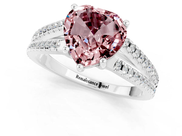 White gold Heart Cut Morganite Solitaire Engagement Ring with Split Shank Pavé Band