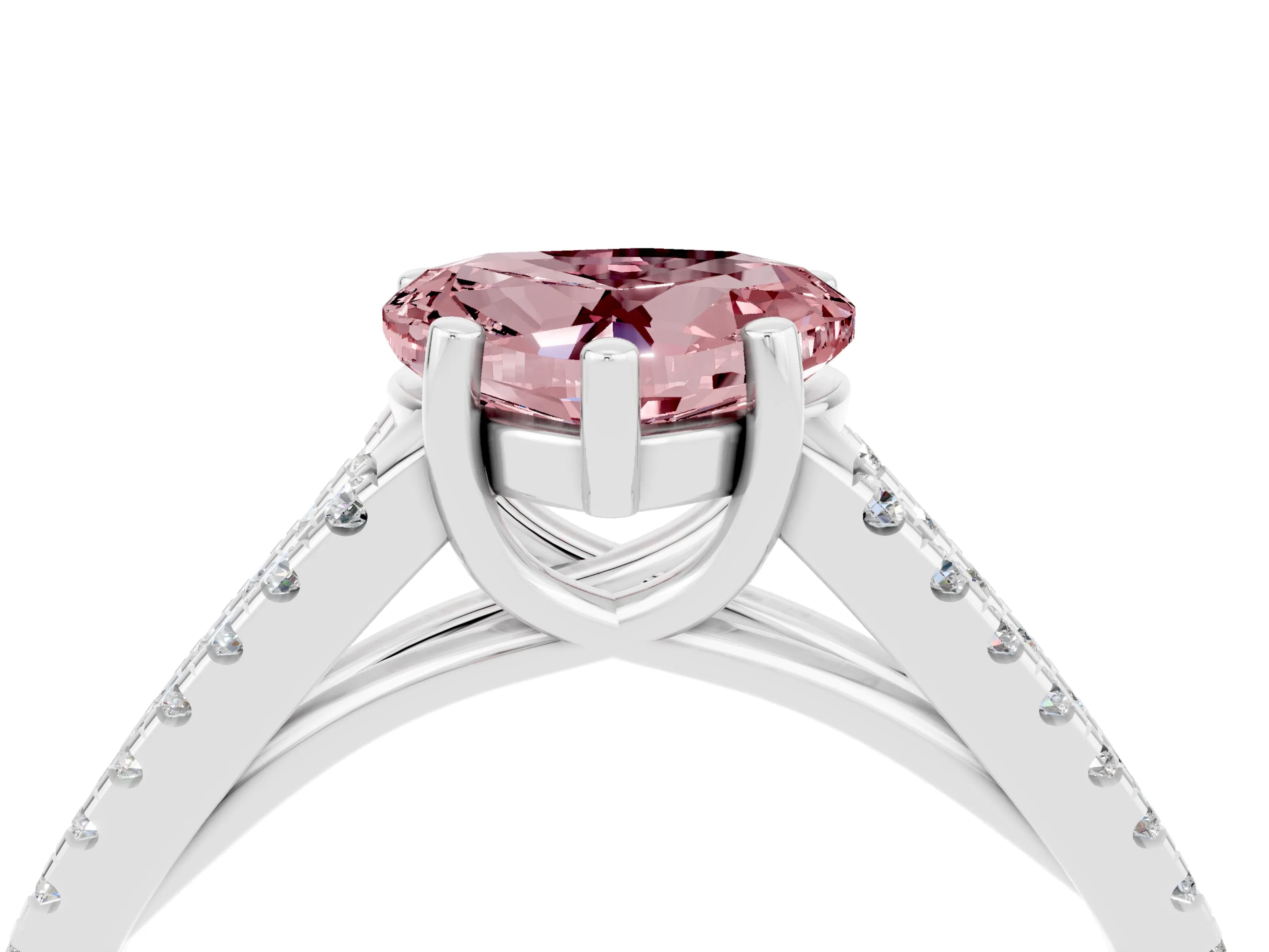 White gold Heart Cut Morganite Solitaire Engagement Ring with Split Shank Pavé Band_4