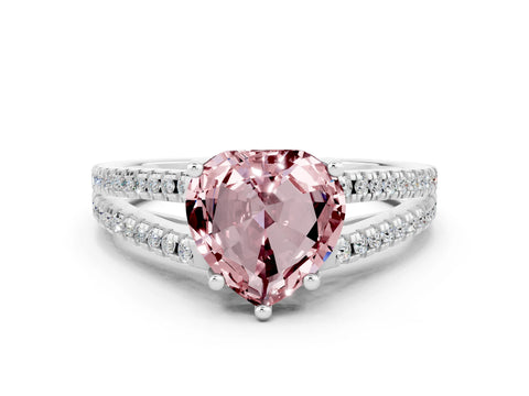 White gold Heart Cut Morganite Solitaire Engagement Ring with Split Shank Pavé Band