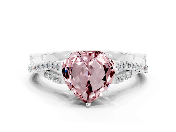 White gold Heart Cut Morganite Solitaire Engagement Ring with Twisted Pavé Band and Four-Prong Setting