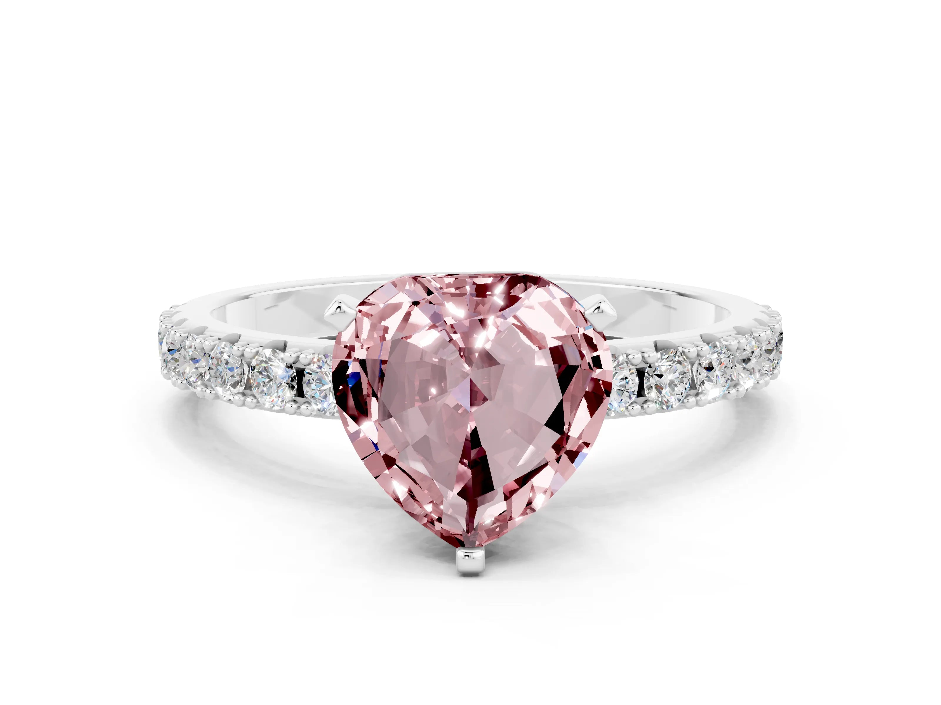 White gold Heart Cut Morganite Solitaire Pavé Band with Four-Prong Setting