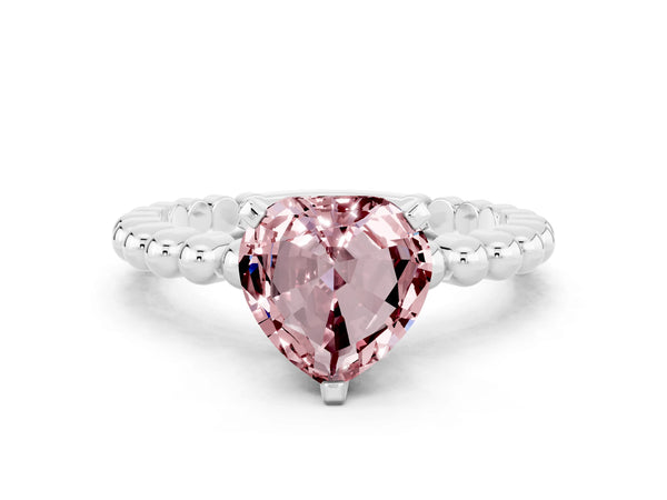 White gold Heart Cut Morganite Solitaire Ring with Beaded Band and Prong Setting