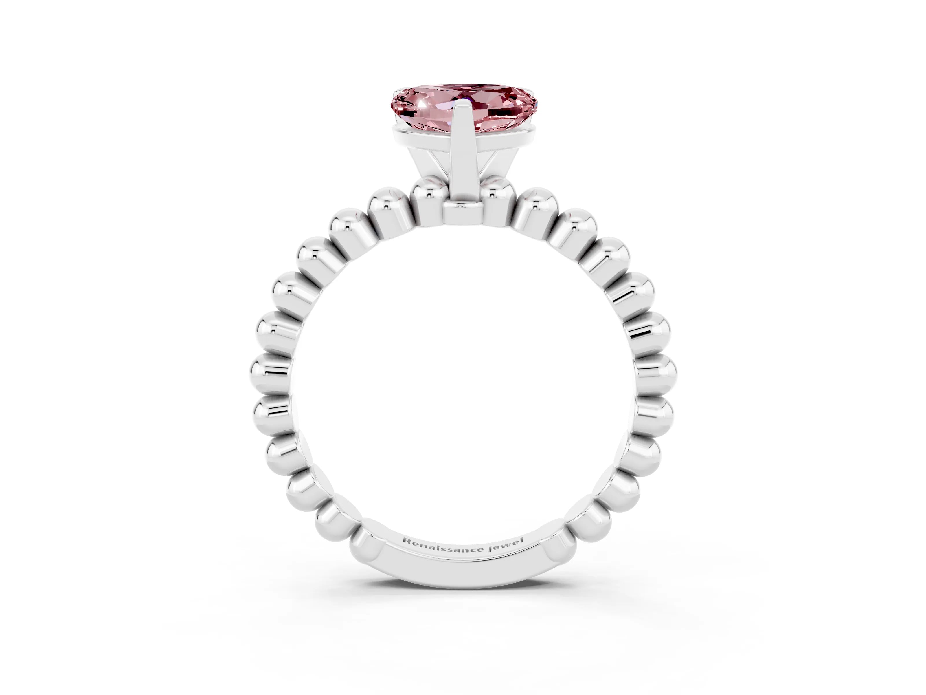 White gold Heart Cut Morganite Solitaire Ring with Beaded Band and Prong Setting_3