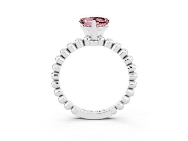 Silver Heart Cut Morganite Solitaire Ring with Beaded Band and Prong Setting