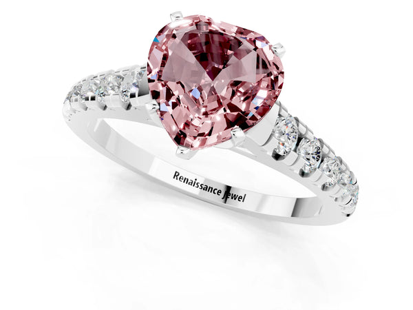 White gold Heart Cut Morganite Cathedral Solitaire Ring with Round  Pavé Band