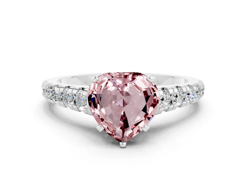 White gold Heart Cut Morganite Solitaire Ring with Cathedral Setting and Pavé Band