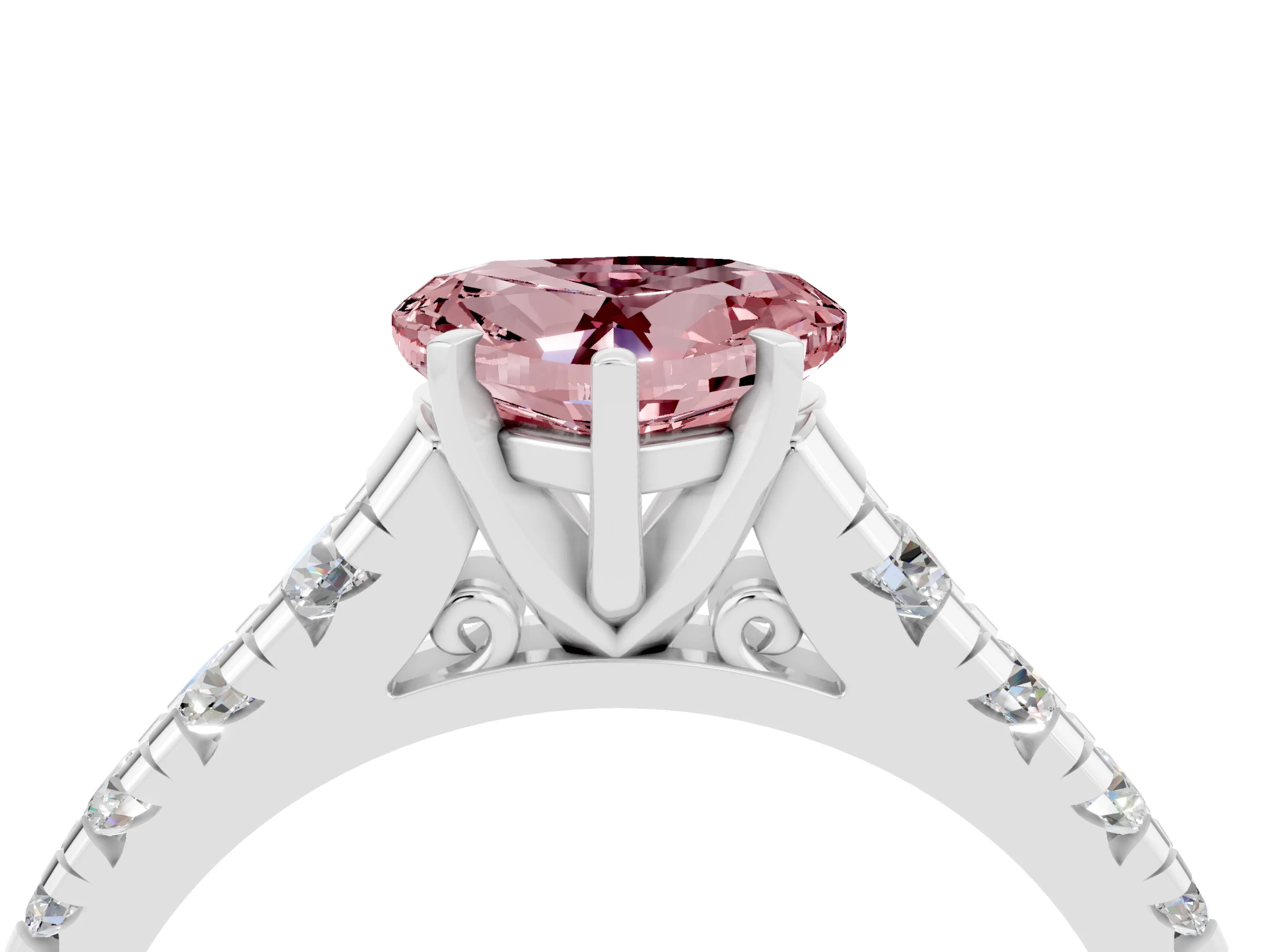 White gold Heart Cut Morganite Solitaire Ring with Cathedral Setting and Pavé Band_4