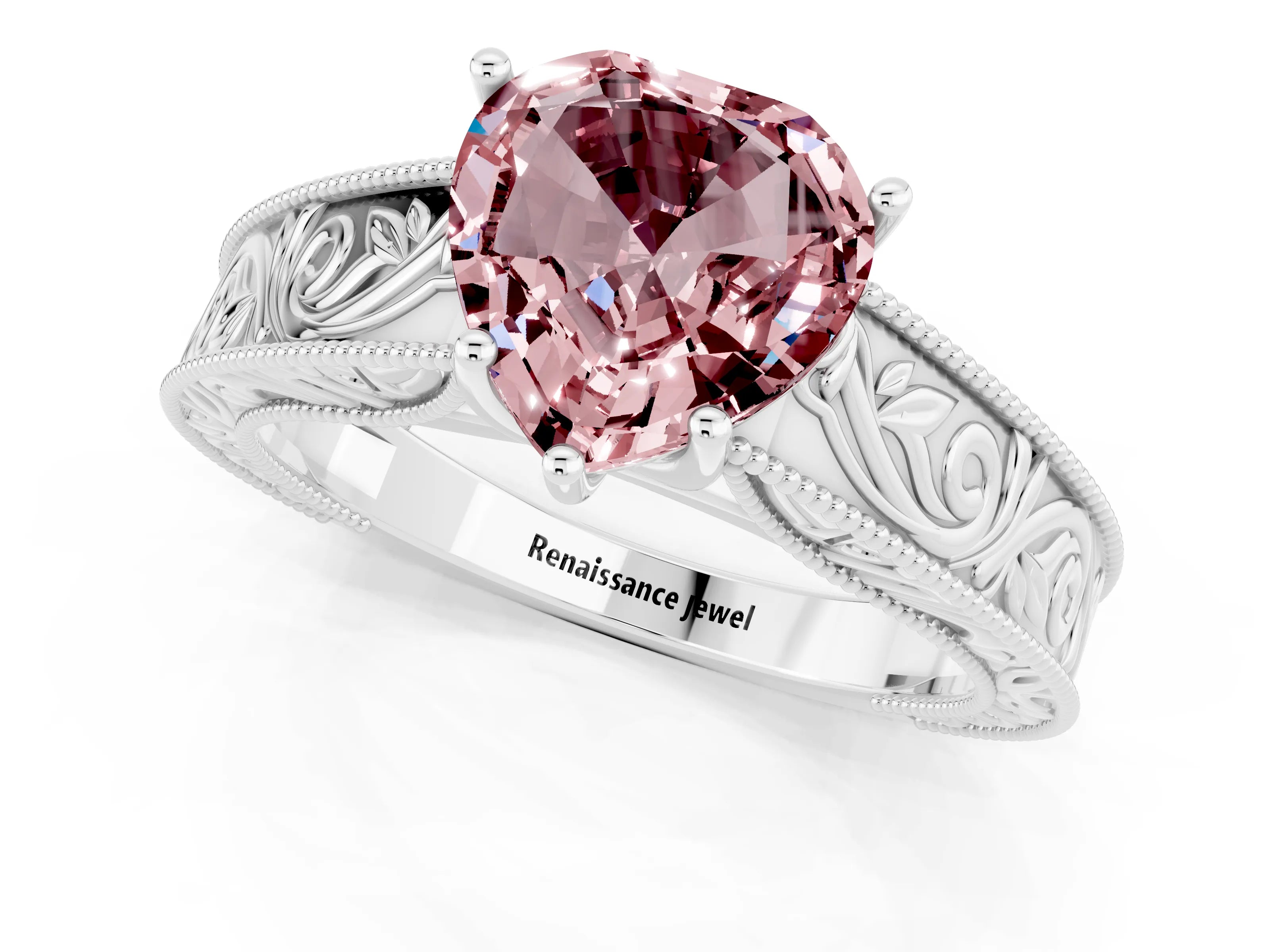 White gold Heart Cut Morganite Solitaire Ring with Engraved Band and Four-Prong Setting_1