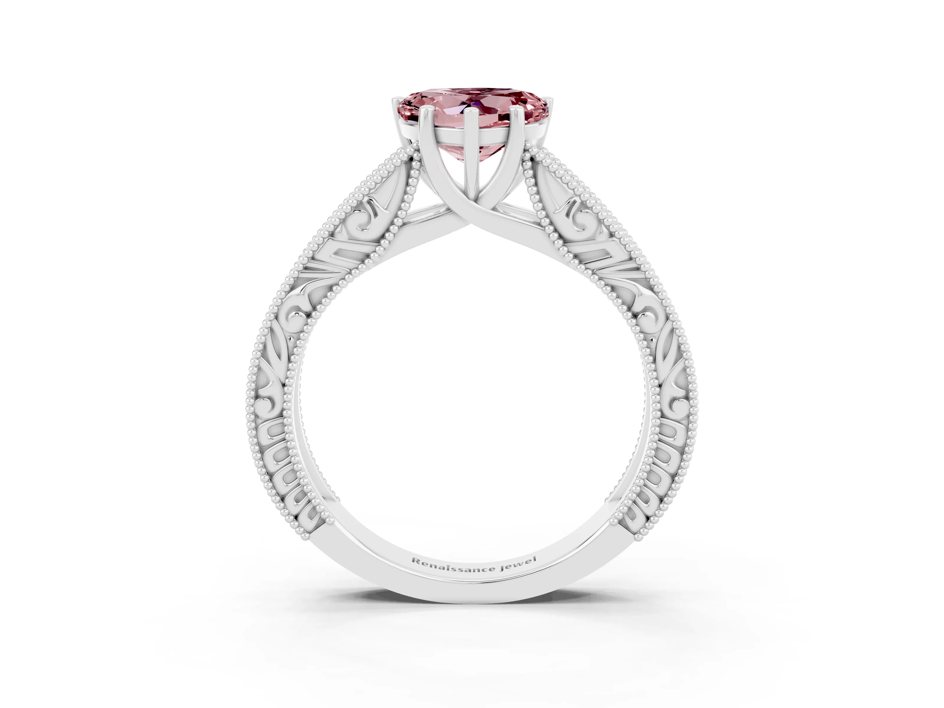 White gold Heart Cut Morganite Solitaire Ring with Engraved Band and Four-Prong Setting_3