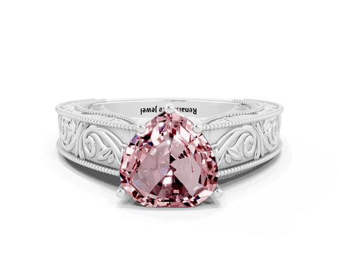 White gold Heart Cut Morganite Solitaire Ring with Engraved Band and Four-Prong Setting