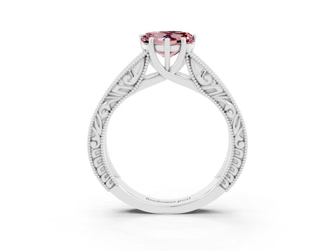 White gold Heart Cut Morganite Solitaire Ring with Engraved Band and Four-Prong Setting_3