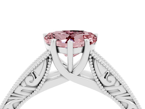 White gold Heart Cut Morganite Solitaire Ring with Engraved Band and Four-Prong Setting_4