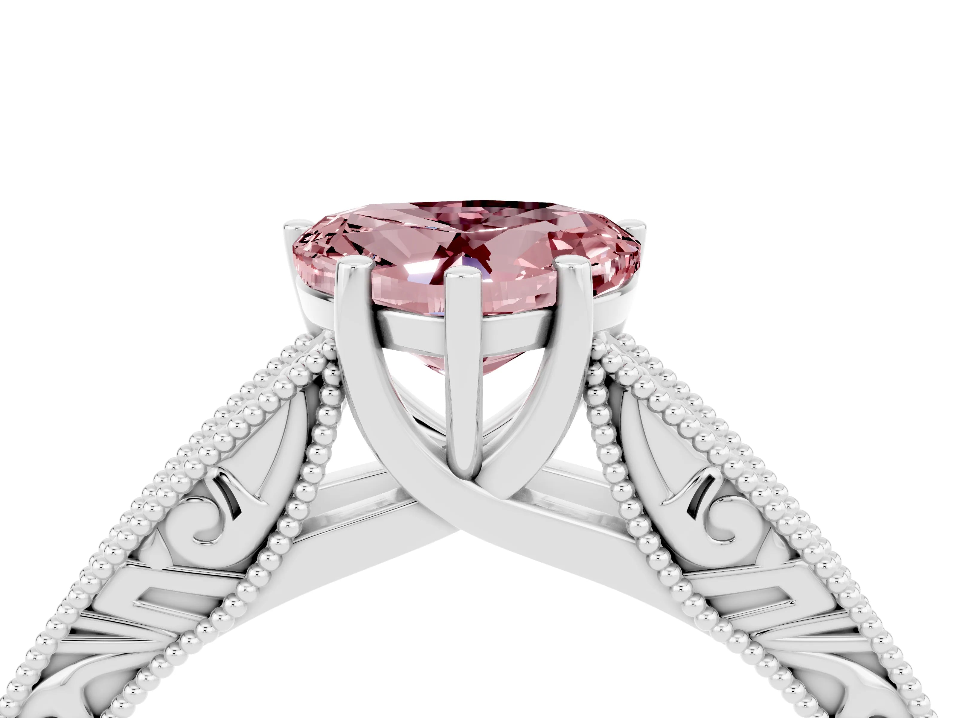 White gold Heart Cut Morganite Solitaire Ring with Engraved Band and Four-Prong Setting_4
