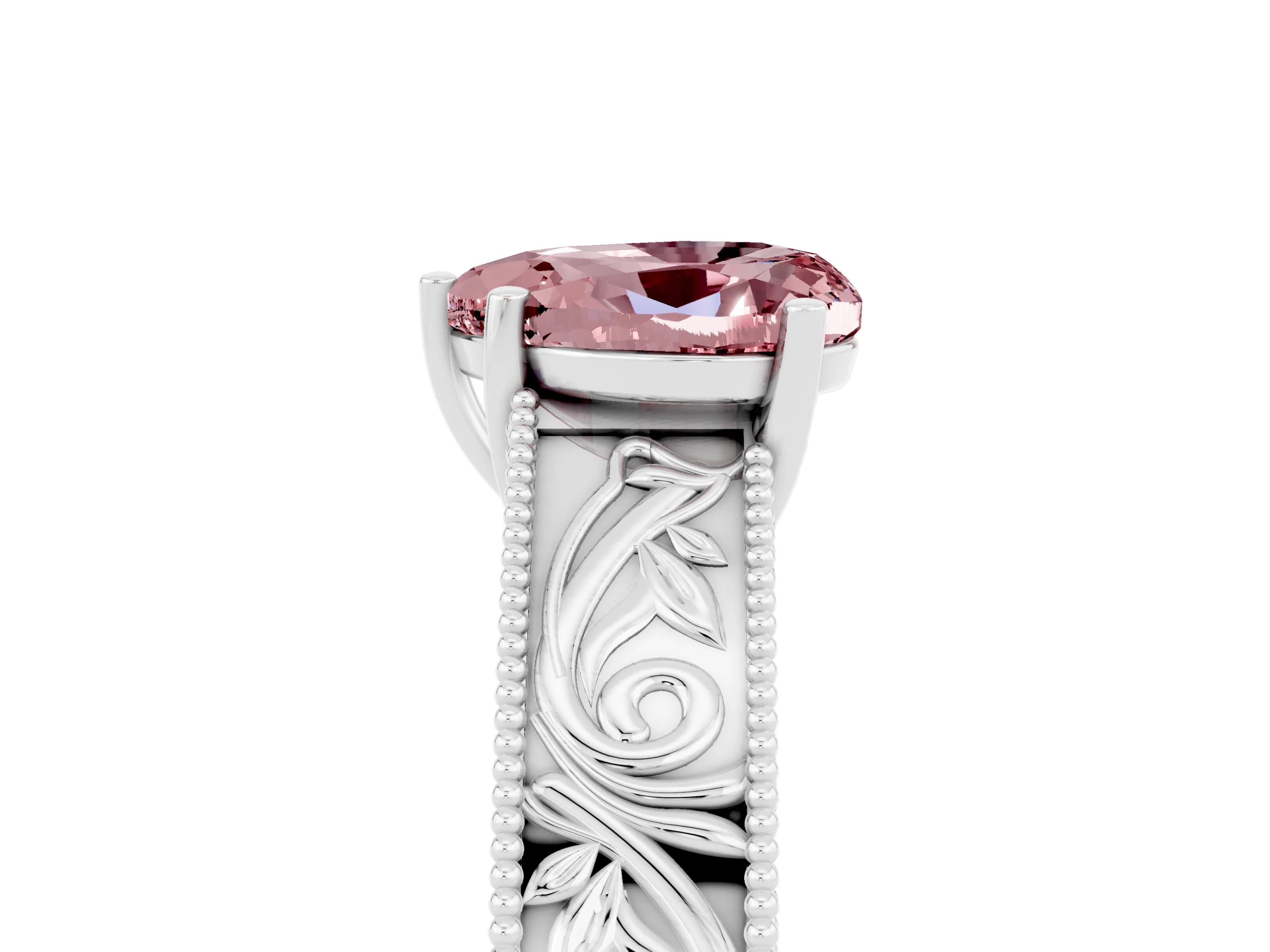 White gold Heart Cut Morganite Solitaire Ring with Engraved Band and Four-Prong Setting_5