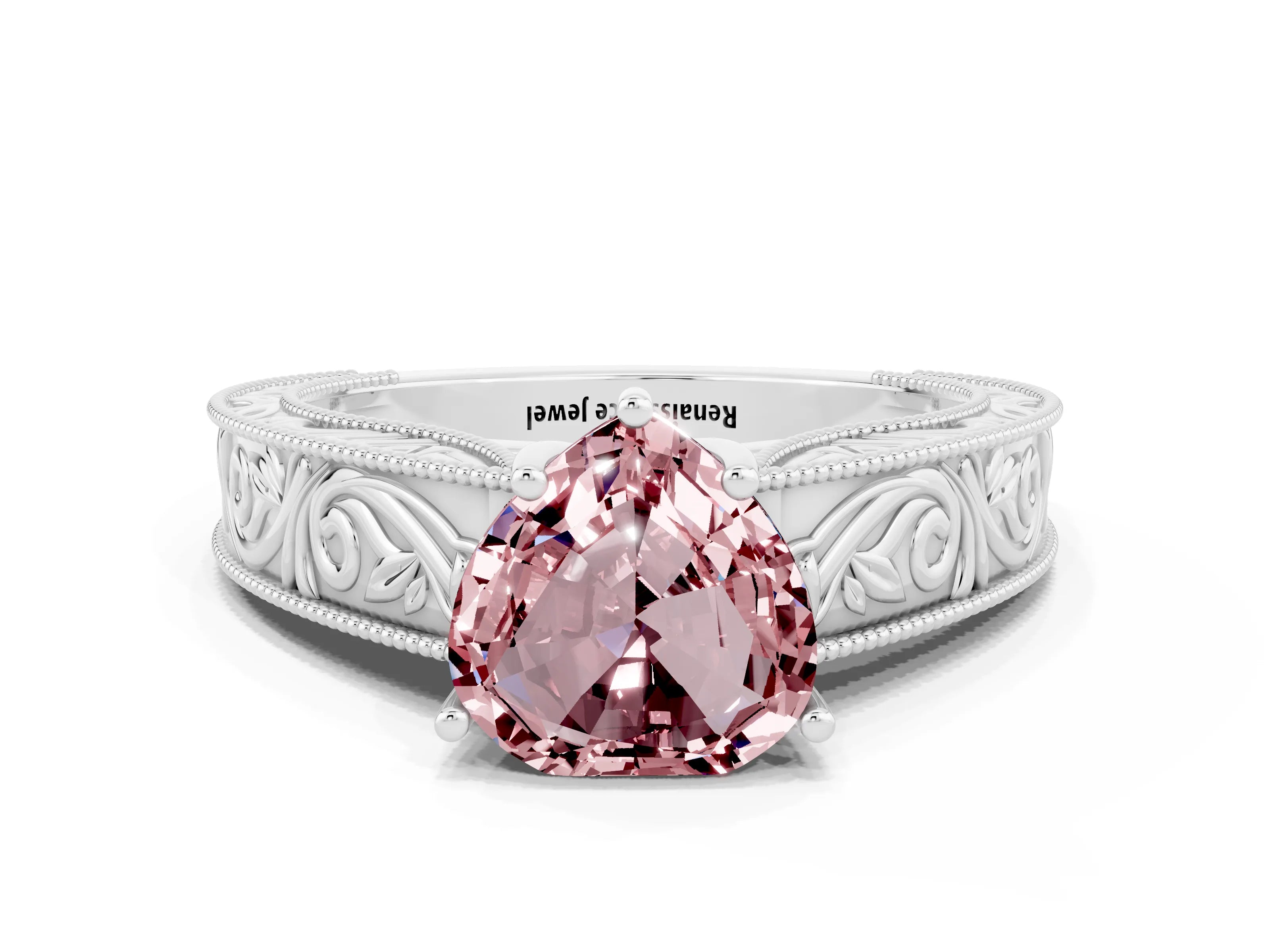 White gold Heart Cut Morganite Solitaire Ring with Engraved Band and Four-Prong Setting