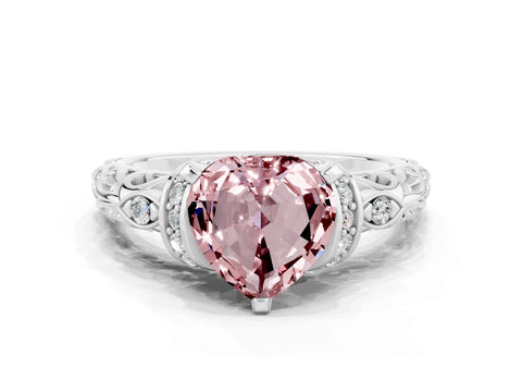 White gold Heart Cut Morganite Solitaire Ring with Filigree Band and Four-Prong Setting_24