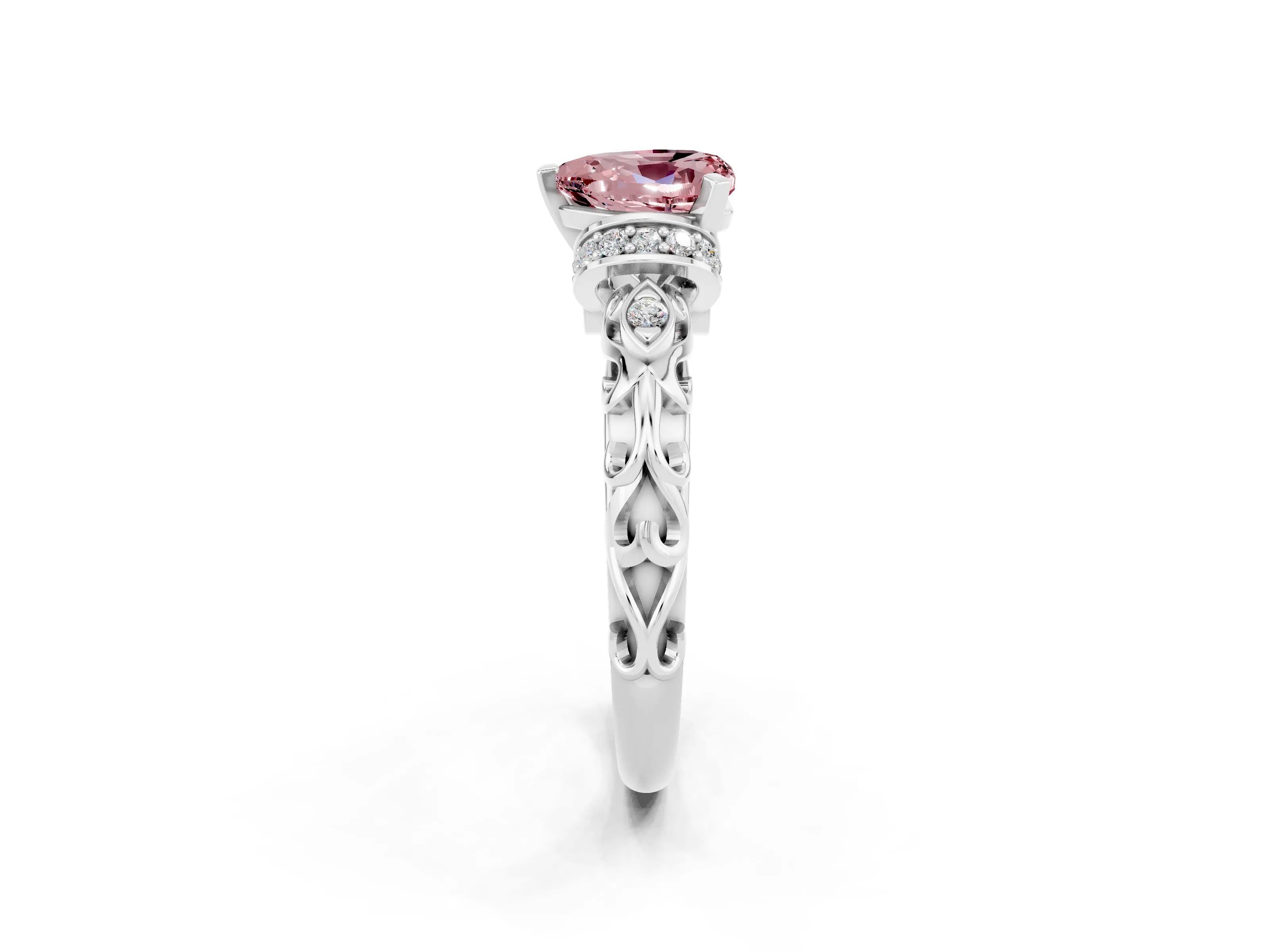 White gold Heart Cut Morganite Solitaire Ring with Filigree Band and Four-Prong Setting_26